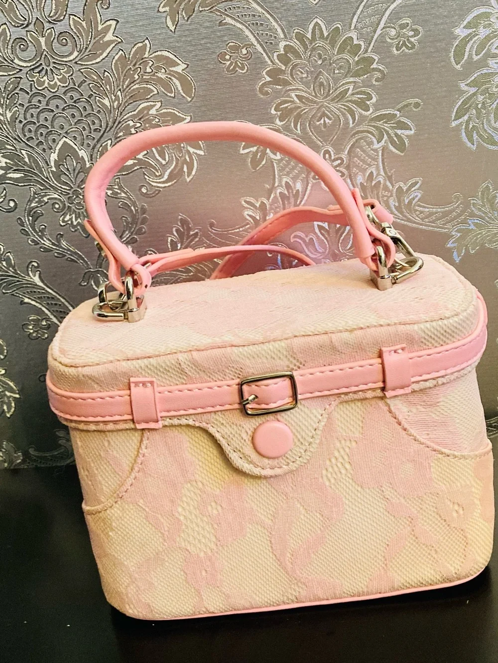 Pink Lace-Textured Top-Handle Crossbody Bag